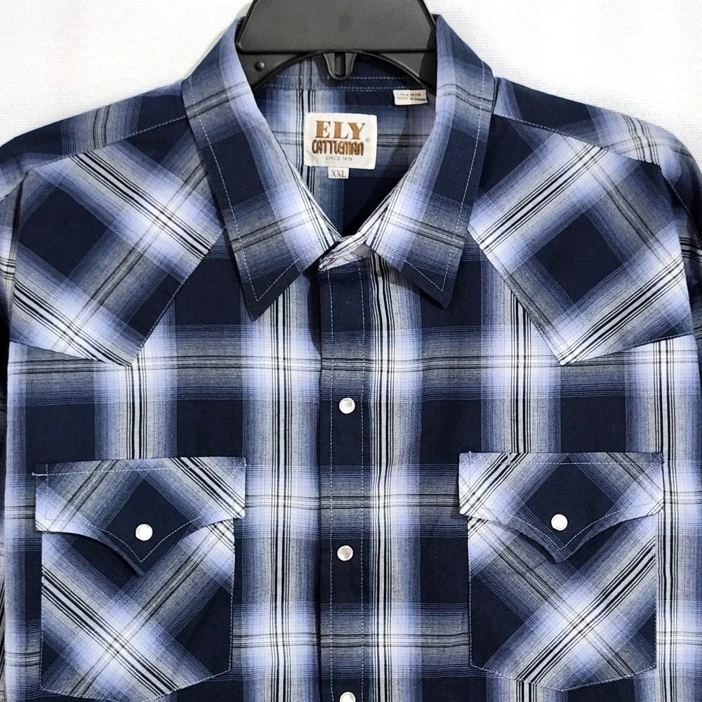 Ely Cattleman Long Sleeve Pearl Snap Shirt Mens XXL Blue Plaid Western Cowboy‎